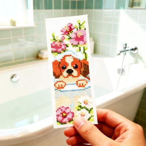 ORIGACH 6 Set Bathtime Animals Cross Stitch Bookmark Kit for Beginner - style: Bathtime Pet