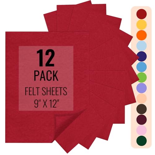 IONTACH 9" X 12" Felt Fabric Sheets 1.6mm Thick (12 Packs, Red) - color: Red