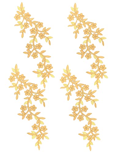 4 Pieces 10x5inch Long Patch Flower Vine with Leaf Iron on Patch Embroided Applique for Garment Curtain Pillow Blanket Trimming Shoes Jeans Clothing Embelishments (Khaki) - color: Khaki