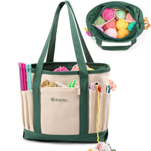 MYBAGZING Yarn Bags for Crocheting,Canvas Crochet & Knitting Tote Organizer - color: Nature-Green, size: Medium-12.5“