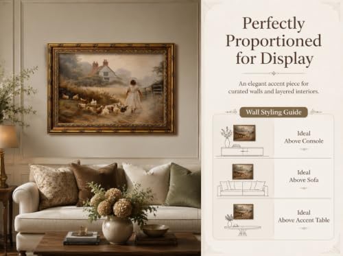 Vintage Gold Framed Farmhouse Wall Art Retro Country Farm Girl with Chicken Canvas Wall Decor Rustic Pastoral Scenery Painting Picture Artwork for Living Room Bedroom Home Decor - color: Chicken Coop, size: 24"L x 16"W