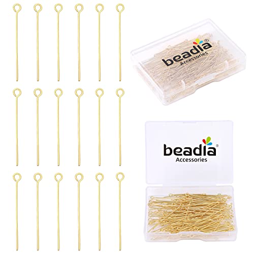 BEADIA 14K Gold Plated Open Eye Pins Non Tarnish 35mm 150pcs for Jewelry Making Findings - color: Open Eye Pins 14k Gold, size: 35x0.7mm