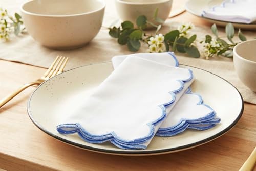 PurpleEssences Scalloped Cloth Napkins 18x18 in - White Edges Light Blue - color: White(edges- Light Blue)