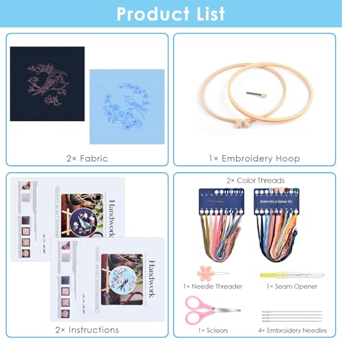 ERKOON Embroidery Kit for Beginners, 2 Set Floral Cross Stitch Set Include Embroidery Cloth Hoops Threads for Craft Lover Hand Stitch with Embroidery Skill Techniques (Bird) - color: Bird