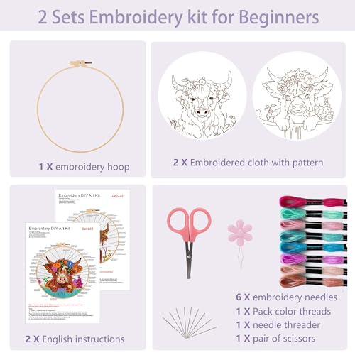 Offizon 2 PCS Embroidery Kit for Beginners Stamped Cos Pattern - color: Cow (2 Pack)