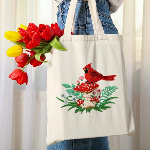 Louise Maelys Embroidery Kit, Cardinal Mushroom Canvas Tote Bag Craft Set - color: Cardinal