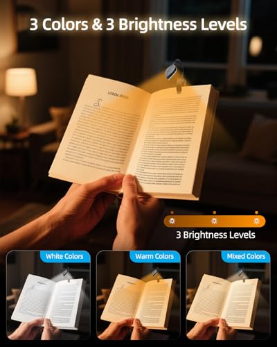 Rechargeable Book Lights for Reading at Night - Eye,3 Color Temperatures,3 Brightness Levels,Flexible Goose Neck Clip on Light,Reading Lights for Books in bed with Power Indicator Bookworms (Black)