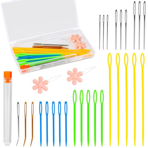 LOVEINUSA Yarn Needle Set, Bent Tapestry Needles, Large Eye Plastic Needle,Blunt Sewing Needles with Storage Box for Knitting, Crocheting, Sewing Projects and Knitting Beginners Gifts
