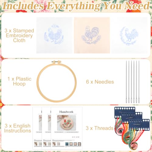 Mindsoft 3 Set Needlepoint Kit for Beginners with Hoop,Flower Rooster - style: Flower Rooster