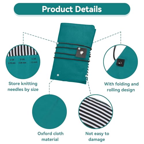 HERCHR Crochet Hook Case Holder Organizer, Portable Roll up Crochet Hook Organizer Oxford Cloth Knitting Needle Case with Clasp for Straight and Circular Needles, 10.43x13.38 Inches Unfolded - color: green