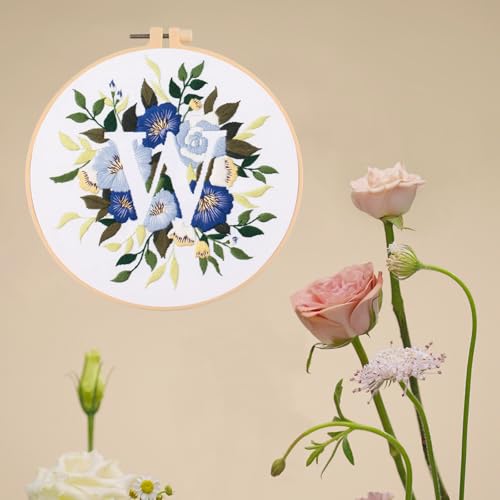 IUHUI Embroidery Kit for Beginners Adults - 26 Floral Letters Easy Patterns, DIY Hand Stitching Embroidery Set with Hoop (Flower and Grass Letter W) - color: Flower and Grass Letter W