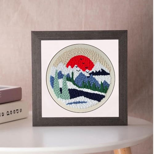 Esffaci Punch Needle Kit for Adults Beginner Starter Punch Embroidery Kit with Red Sunrise Snow Mountain Tree Scenery Pattern DIY Punch Stitch Supplies with Stamped Fabric Yarn Hoop Tool Instruction - color: Sunrise