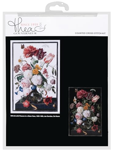 Thea Gouverneur - Counted Cross Stitch Kit - Still Life with Flowers in a Glass Vase - Linen - 36 Count - for Adults - DMC Embroidery Threads and Other Cross Stitch Supplies Included - 785 - color: 785 Linen