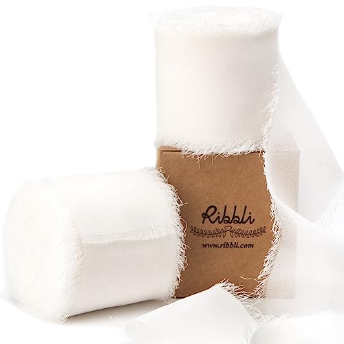 Ribbli White Chiffon Ribbon 2 Inch x 20 Yard Handmade Fringe Chiffon Silk Ribbon White Ribbon for Gifts Wrapping, Wedding Invitations, Bridal Bouquets, Flower Arrangement - color: White, size: 2 inches