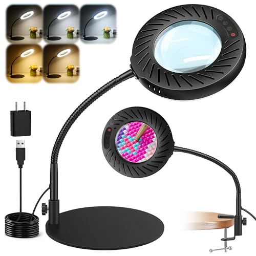 Akynite 12X Magnifying Glass with Light and Stand,5 Color 9 Levels Dimmable
