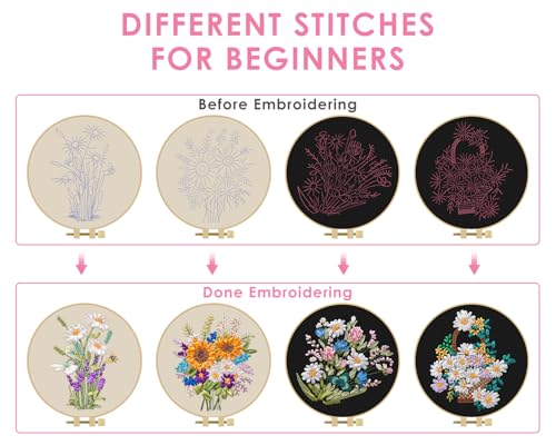 TINDTOP Embroidery Kit for Adults, Ribbon Embroidery Practice Kits for Beginners Adults Include Embroidery Cloth Hoops Threads for Craft Lover Hand Stitch (Flowers) - color: FLowers(Silk Ribbon Embroidery)