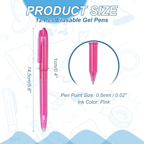 PATIKIL 12Pcs Erasable Gel Pens, 0.5mm Fine Point Heat Erasable Marking Pen with Cap Smooth Writing Fabric Markers for Sewing Drawing Writing Planner, Pink Ink - color: Pink