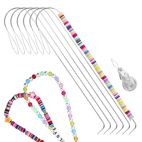 6 PCS Large Eye Curved Beading Needles with 1pc Bead Needle Threader, 5.3 Inch Flexible Beading Needle for Bead Spinner, Bead Needles for DIY Beading Jewelry Making Crafts