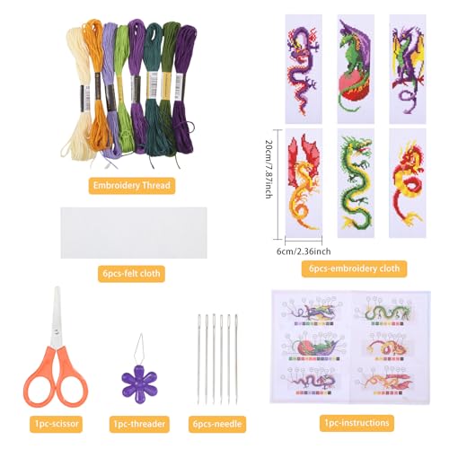 ORIGACH 6 Pcs Cross Stitch Bookmark Kit for Beginner Dragon Pattern Stamped Embroidery Stitch Kits for Starter DIY Bookmarks Printed Cross Stitch Kits with 13 Colors Embroidery Floss - style: Dragon