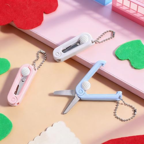 3 Pcs Keychain Scissors Mini Folding Scissors Portable Travel Pocket Scissor for Badge Reel, Scrapbook, Crafts, Pink, White, Blue