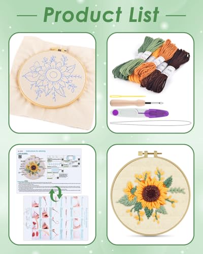 ERKOON Punch Needle Kit Beginners Adults, DIY Easy Flower Embroidery Set for Starter Art Craft, Needling Punching Project with Patterns, Tools, Yarns, Hoop, Instruction (Yellow Flowers) - color: Sunflower-1