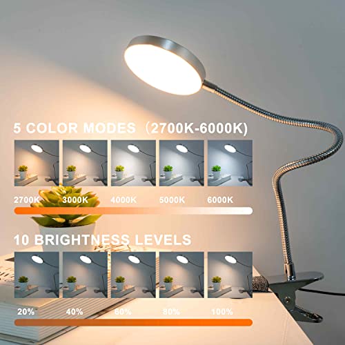 LiFMIRA Clip on Lamp Reading Light 5 Color Modes 10 Brightness 8W Silver - color: Silver