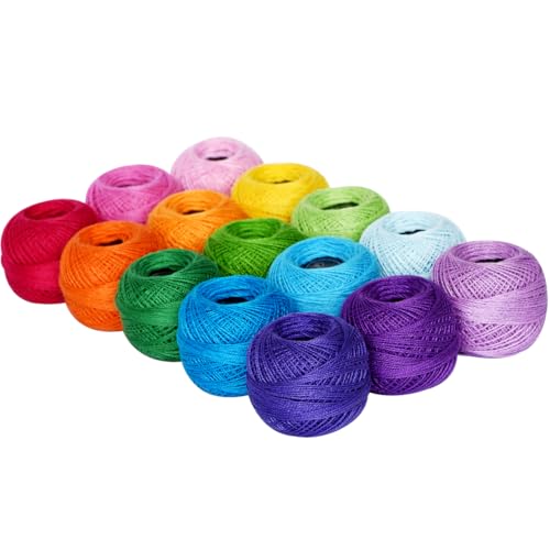 Soft 1500Y 15 Pearl Balls Cardinal Size 8 Rainbow Colors for Crochet Hardanger Cross Stitch Needlepoint Hand Embroidery - color: Rainbows Series
