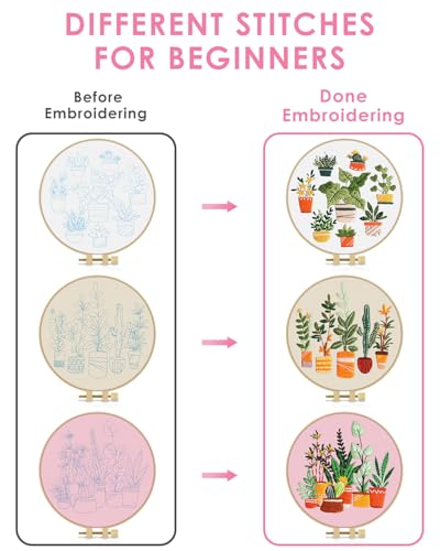 TINDTOP 3 Pack Embroidery Kit for Adult, Embroidery DIY Starter Kit - color: Plants C