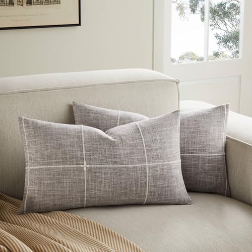 2 Packs Grid Embroidery Lumbar Pillow Covers 12x20in Brown - color: Brown, size: 20" x 12" (Pack of 2)