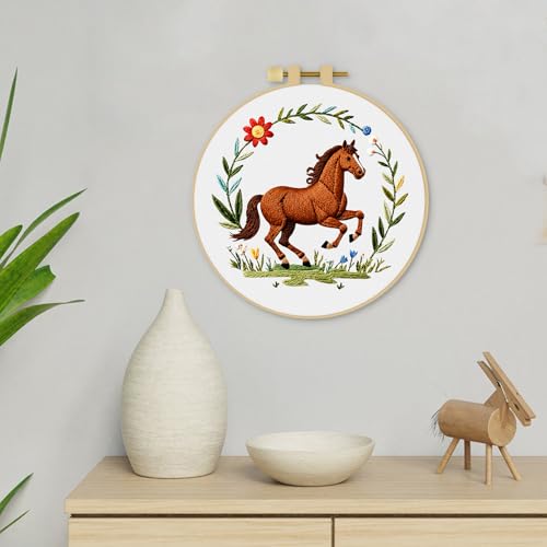ERKOON Embroidery Kit for Beginners Adult, Cross Stitch Set Include Embroidery Cloth Hoop Threads for Craft Lover Hand Stitch with Embroidery Skill Techniques (Horse) - color: House