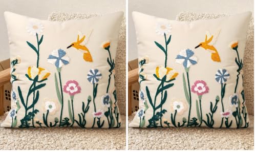 Embroidered Throw Pillow Cover 18x18 Inch - Spring Summer Boho Decorative Pillow Cover with Zipper for Living Room Couch Sofa Bed Aesthetic Design Flower Bird Cushion Pillowcase (Pack of 2) - color: Flower Bird, size: 18" x 18" (Pack of 2)
