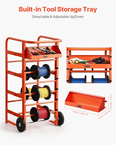 VEVOR Wire Spool Rack, 11 Rods, Multi-Spool Wire Rack Dispenser, Cable Caddy with Wheels, Cable Holder with Storage Tray for Wiring Storage, for Electrical, Industrial & Retail Use, Working Efficiency - style: Wire Storage Cart