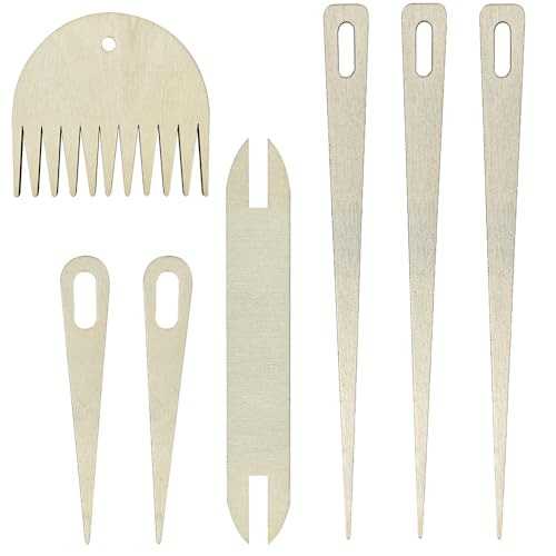 Wood Hand Loom Stick Set Wood Weaving Needle Crochet Tapestry Sewing Making Crafts Tools Tapestry Weaving Loom Tool Set No Burr Big Eye 7 Pieces Include Knitting Needles Shuttles Bobbin Stick Comb