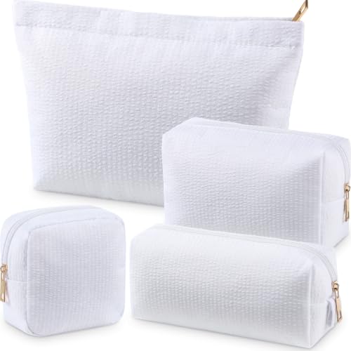 Sanwuta 4 Pcs Seersucker Pouch Striped Makeup Bag Set, White - color: White