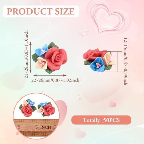 Beadthoven 50pcs Flatback Rose Flower Handmade Porcelain Cabochons Colorful Floral Bouquet Clay Beads Charms No Hole for Gluing DIY Jewelry Making Supplies Stud Earring Embellishment - color: 0Rose#21~24mm
