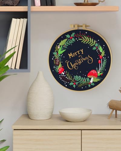 ERKOON Christmas Embroidery Kit for Beginners, Cross Stitch Set for Include Embroidery Cloth Hoops Threads for Craft Lover Hand Stitch with Embroidery Skill Techniques (Christmas Wreaths) - color: Christmas Wreaths