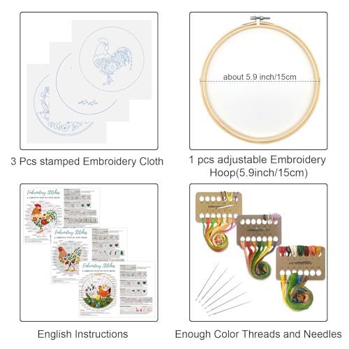 Louise Maelys 3 Packs Farm Animals Embroidery Kit for Beginners Gift - color: Rooster Hen