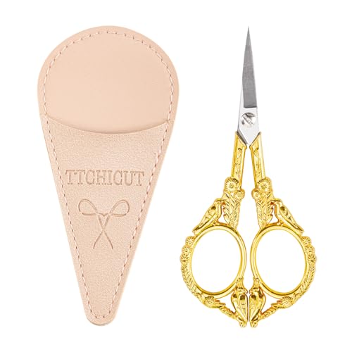 Embroidery Scissors, Small Sharp Pointed Sewing Scissors for Cross Stitch Cutting Embroidery Sewing Handcraft Craft Art Work DIY Tool with PU Leather Sheath (Gold) - color: Gold