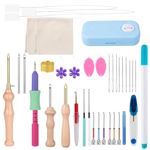 Adjustable Punch Needle Kit for Adults Beginners,2.2mm/2.5mm/3.5mm/5mm Punch Needle,Complete Set for Needle Punching,Punch Needle Tool with Elegant Gift Box,Ideal for Keeping and Presents(Blue)