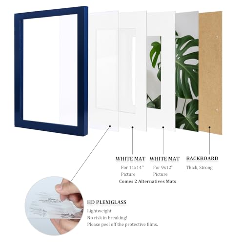 Egofine 12x16 Picture Frame Made of Solid Wood, Display Covered by Plexiglass, Display Pictures 9x12/11x14 with Mat or 12x16 Without Mat for Wall Mounting, Navy Blue - color: Navy Blue, size: 12x16