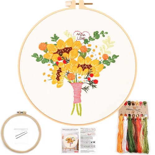 FONNUY Bouquet Flowers Embroidery Kit Love Mom for Beginners, Pre-Stamped Pattern Kits for Adults with Hoop, Easy to Follow Color Thread Needlework, 8'' Hoop (Sunflowers) - color: Sunflowers