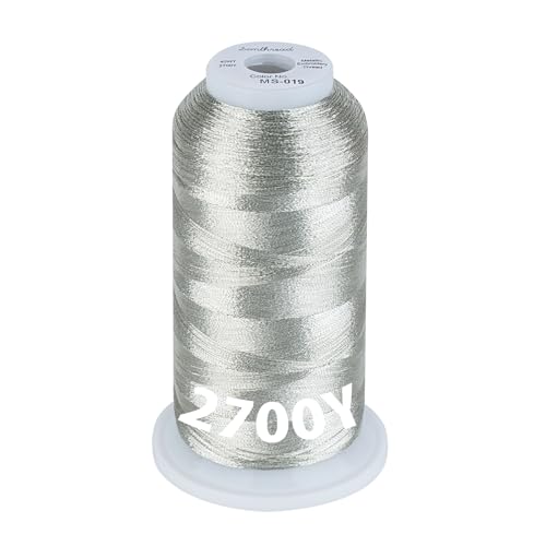 Simthread 2700 Yards Metallic Embroidery Machine Thread - Gray Silver MS-019, 40wt High-Sheen King Spool, Smooth Running & Break Resistant for Commercial & Home Embroidery Machines - color: Gray Silver MS-019