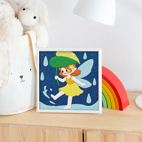 Doodlream Elf in the Summerrain Needle Kit for Beginner, 9.4"x 9.4" Cute Fairy Punch Stitching Craft Set, DIY Embroidery Starter with Printed Frame, Instruction, Threader, Yarn, Pinch Needle - color: Elf