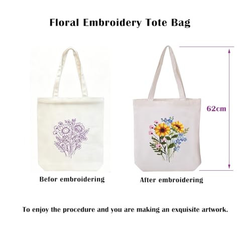 Vigdit Canvas Tote Bag Embroidery Kit for Beginners, Needlepoint Cross Stitch Kit for Adult Beginner, DIY Reusable Grocery Bags Embroidery Starter Kit with Stamped Floral Tools & Instructions - color: Flower3