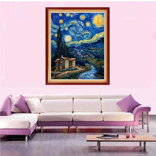 Artvxeay Stamped Cross Stitch Kits Beginners Full Range of Embroidery Starter Kits for Adults Printed Cross Stitching DIY Needlepoint Kit 11CT- (Van Gogh's Starry Night Home 16x20 inch) - color: Color46