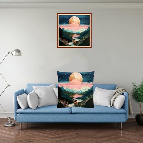 Stamped Cross Stitch Kits for Adults Beginners Pillow Needlepoint Kit with Embroidery Pattern Needlework Kit Prestamped Stitches Kit 11CT Cross Stitching-Mountains, moonlight18x18inch - color: Pre-pattern 24