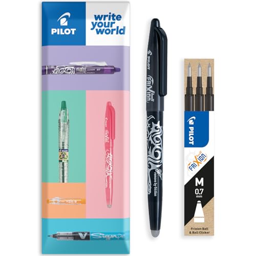 Pilot Frixion Heat/Friction Erasable Rollerball Pen FR7 - Medium Line 0.7mm Tip Nib - Pillow Pack of 1 Pen + 3 Refills (Black)