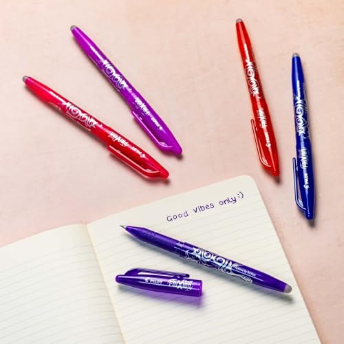 PILOT Frixion Heat/Friction Erasable Rollerball Pen FR7 - Medium Line 0.7mm Tip Nib - Pack of 5 in Envelope Gift Packaging - Wine Red, Coral Pink, Apricot Orange, Purple & Sky Blue