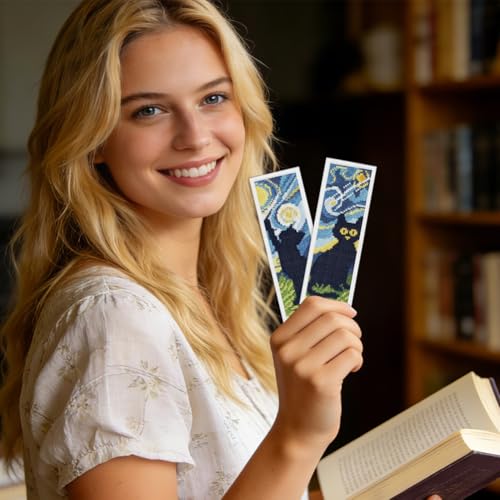 ORIGACH 6 Set Black Cat & Starry Night Cross Stitch Bookmark Kit - style: Black Cat & Starry Night