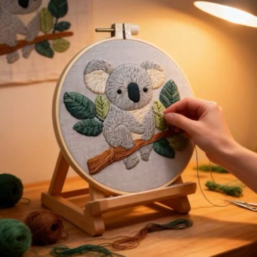 HCANPER Cute Koala Embroidery Starter Kit,DIY Needle Punch Kit, Punch Needle Kits for Beginners,Include Pre-Printed Fabric,Tools,Embroidery Hoop,Threads. (Well-Behaved) - color: Well-behaved